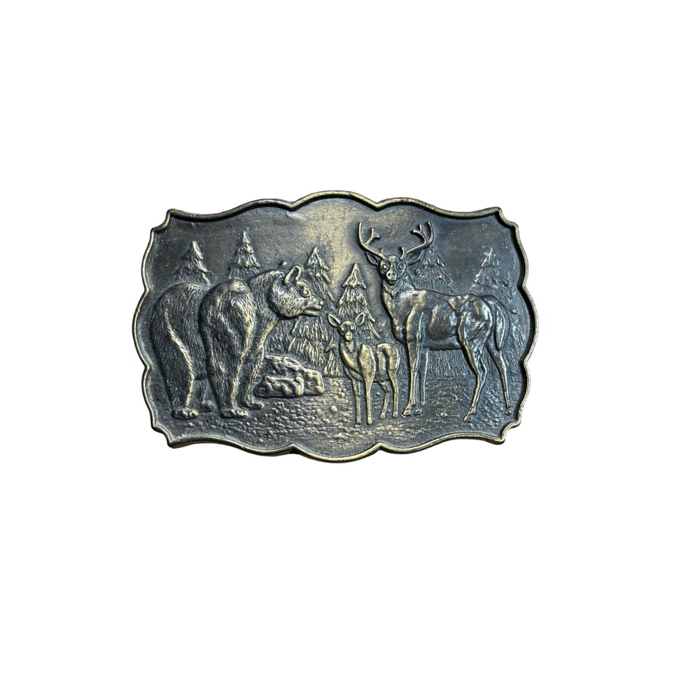 Vintage Wildlife Belt Buckle Bear Deer Buck Fawn Brass Tone Scalloped Edge Metal